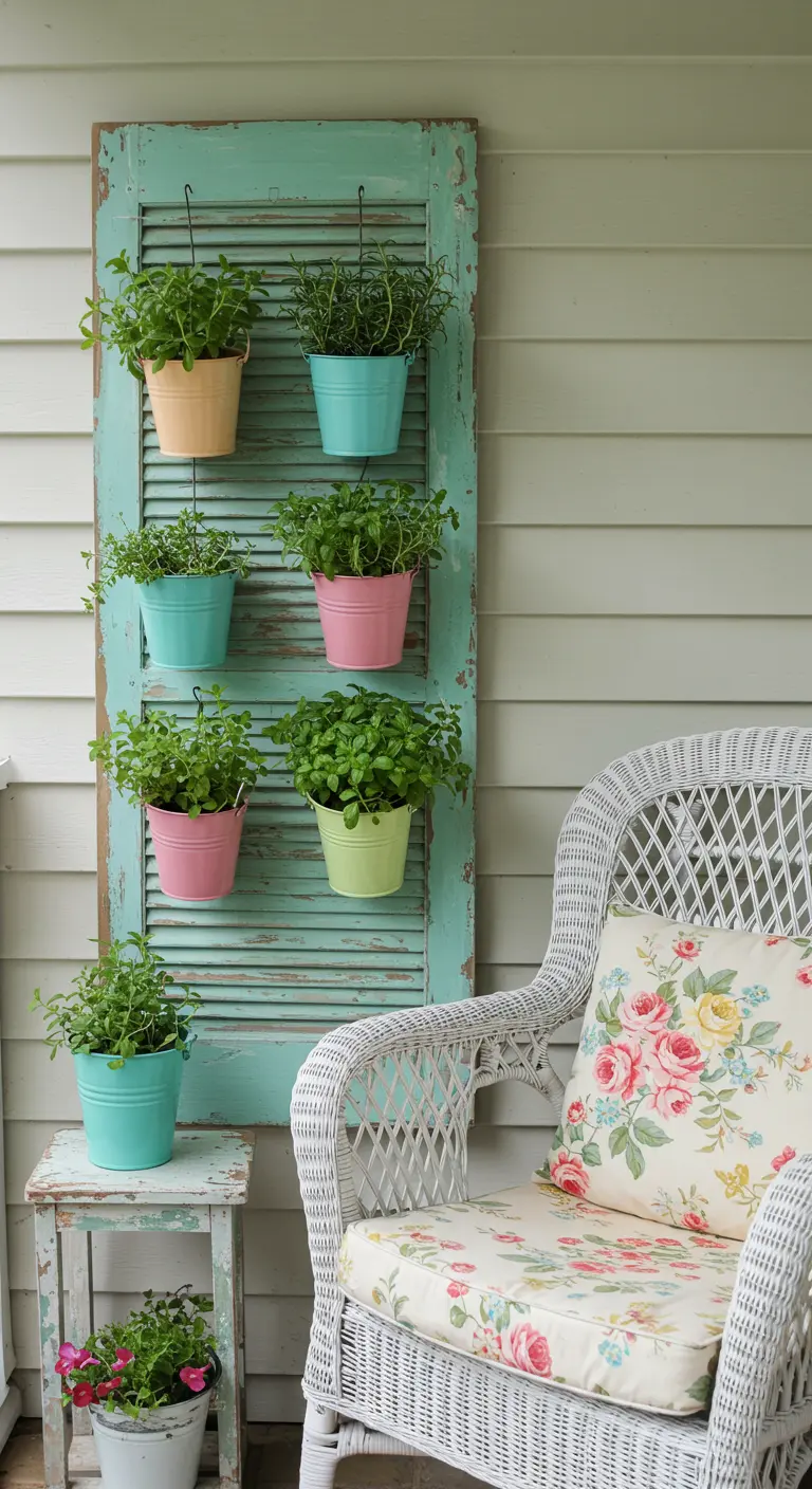 Contraventana de madera pintada de azul menta y reutilizada como soporte para colgar macetas con hierbas.
