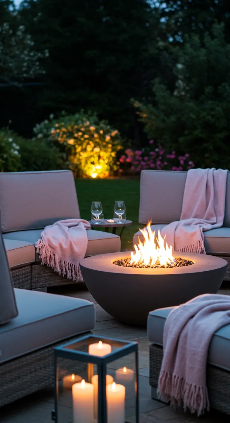 Zona de descanso exterior con sofás grises, un brasero central y mantas rosas al atardecer.