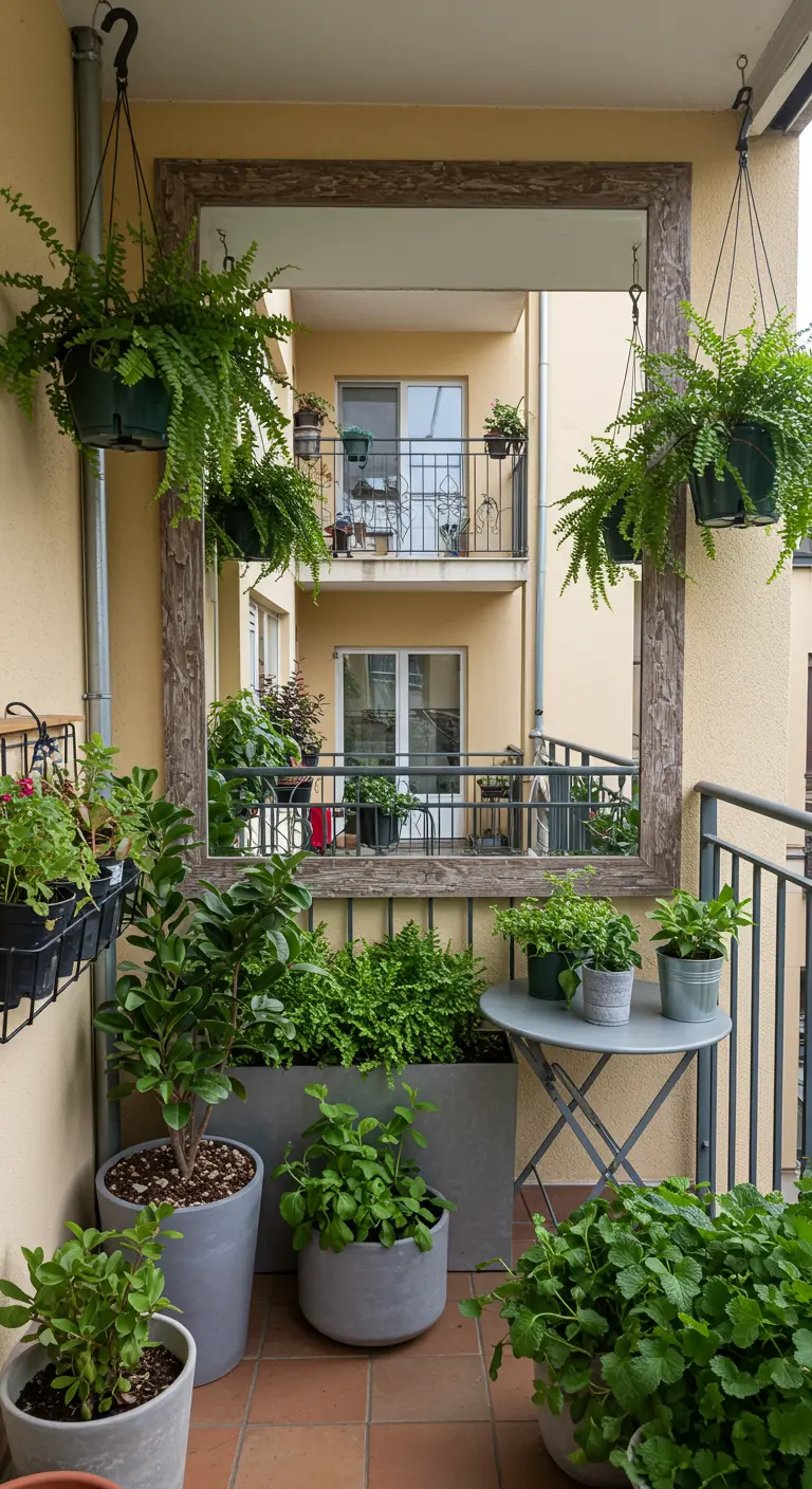 Balcón con un gran espejo con marco de madera que refleja las plantas