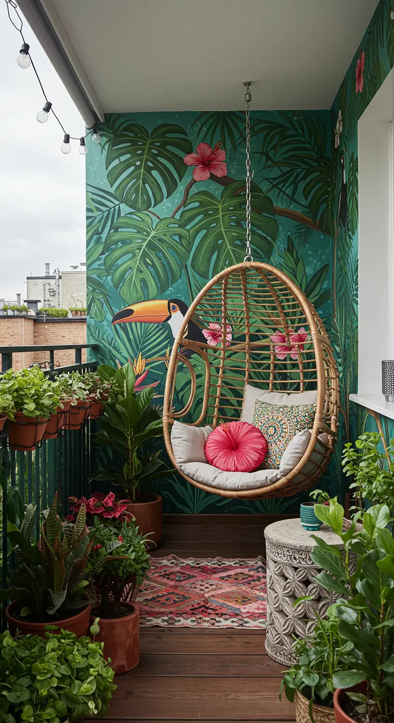 Balcón con mural de selva tropical, silla colgante de mimbre y muchas plantas.
