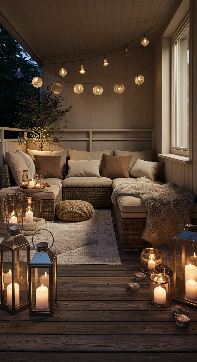 Balcón espacioso estilo 'hygge' con sofá seccional, alfombras y múltiples farolillos con velas.