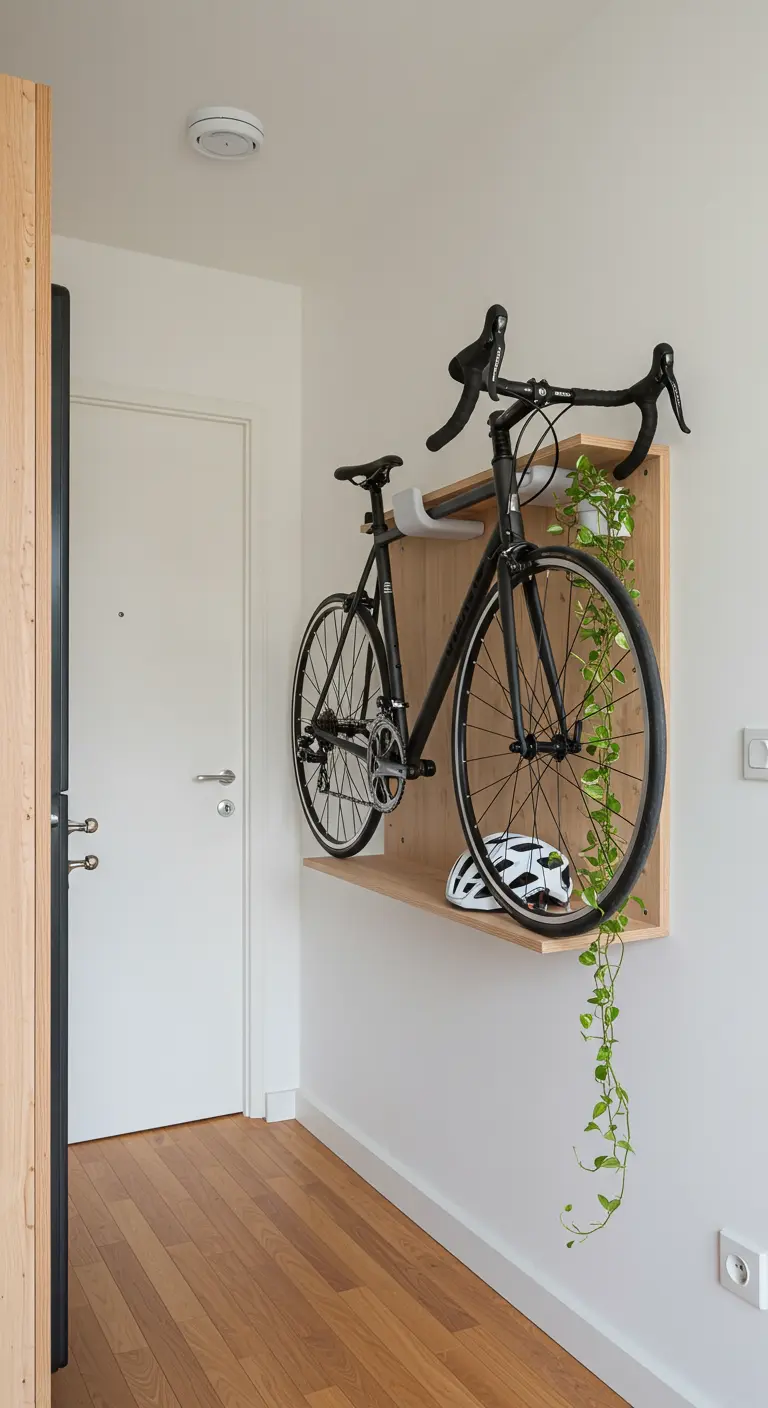 Soporte de pared de madera para bicicleta con una pequeña estantería y una planta.