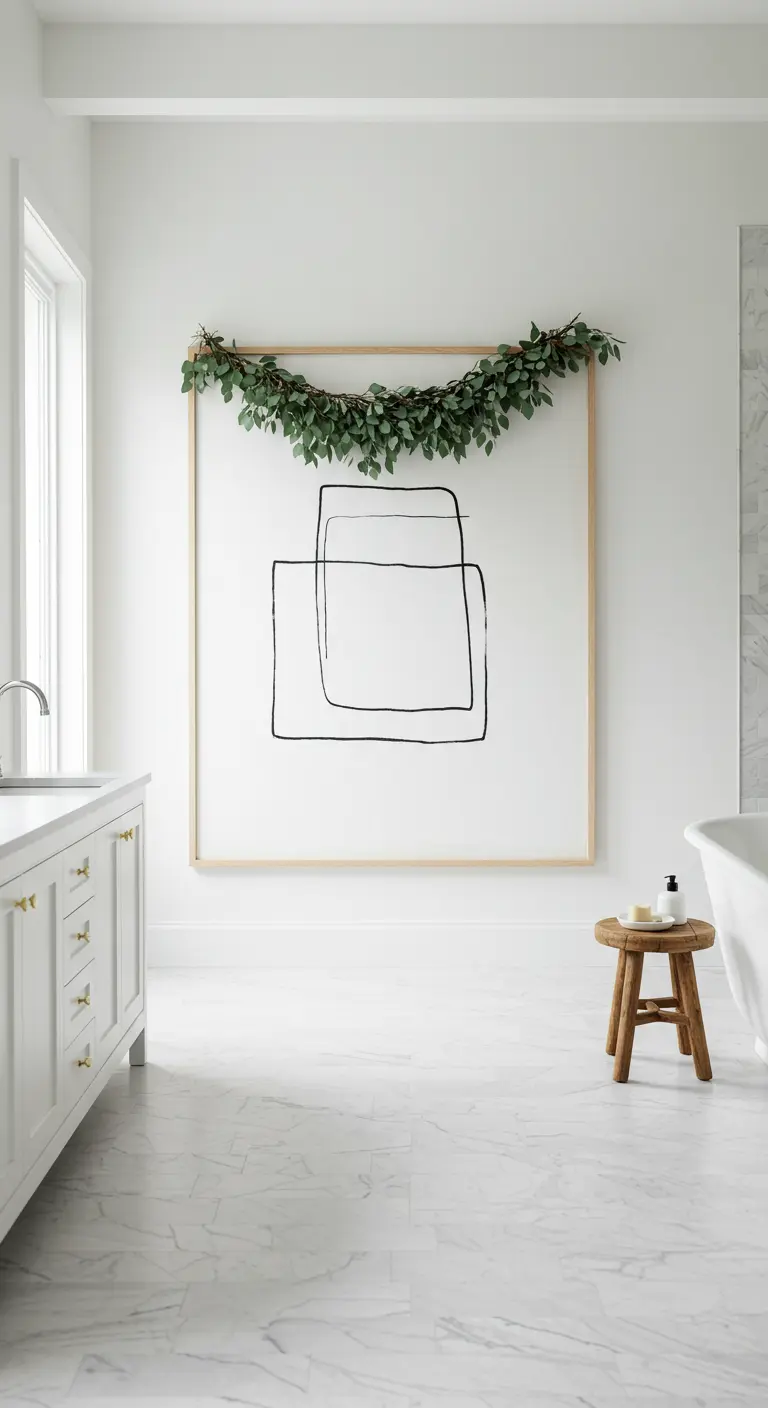 Guirnalda de eucalipto colocada sobre el marco de madera de un gran cuadro de arte abstracto.