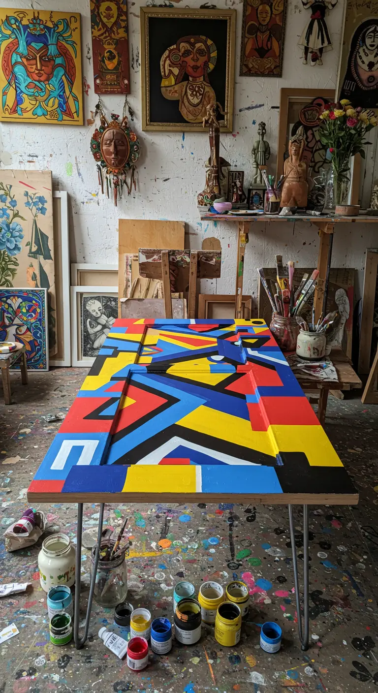 Mesa de comedor hecha con una puerta pintada con un diseño geométrico y colorido en un estudio de arte.
