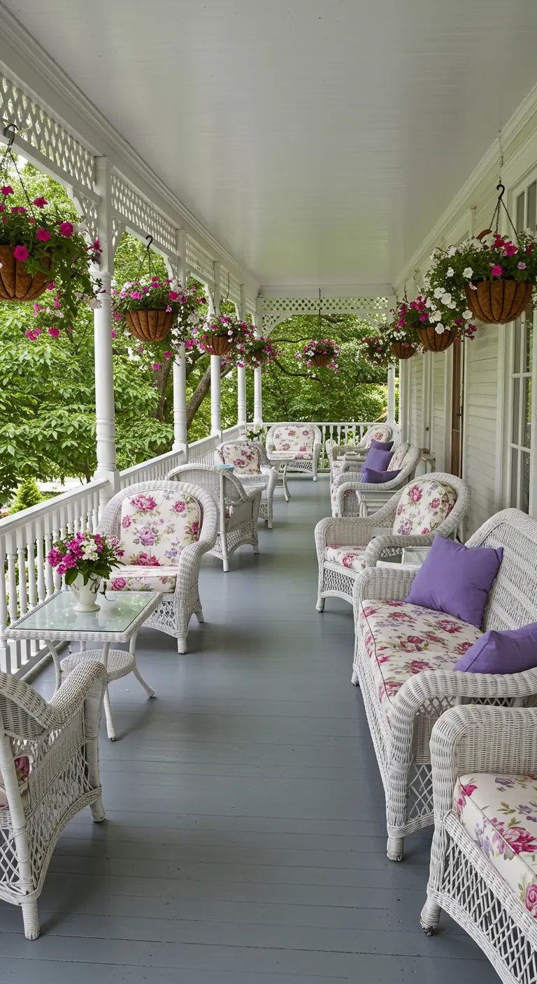 Porche espacioso con varios juegos de sofás y sillas de mimbre blanco con cojines florales.