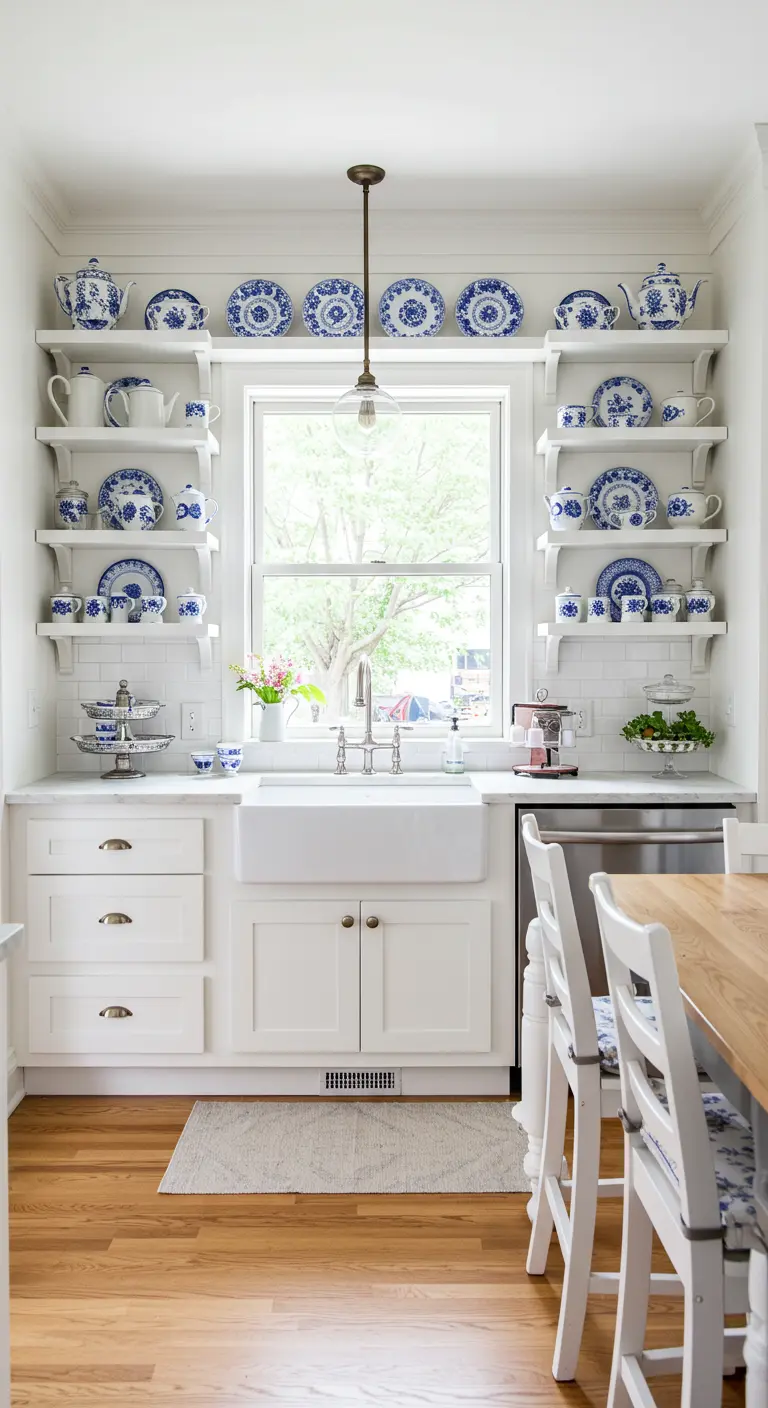 Cocina blanca con estanterías flotantes alrededor de la ventana exhibiendo una vajilla azul y blanca.
