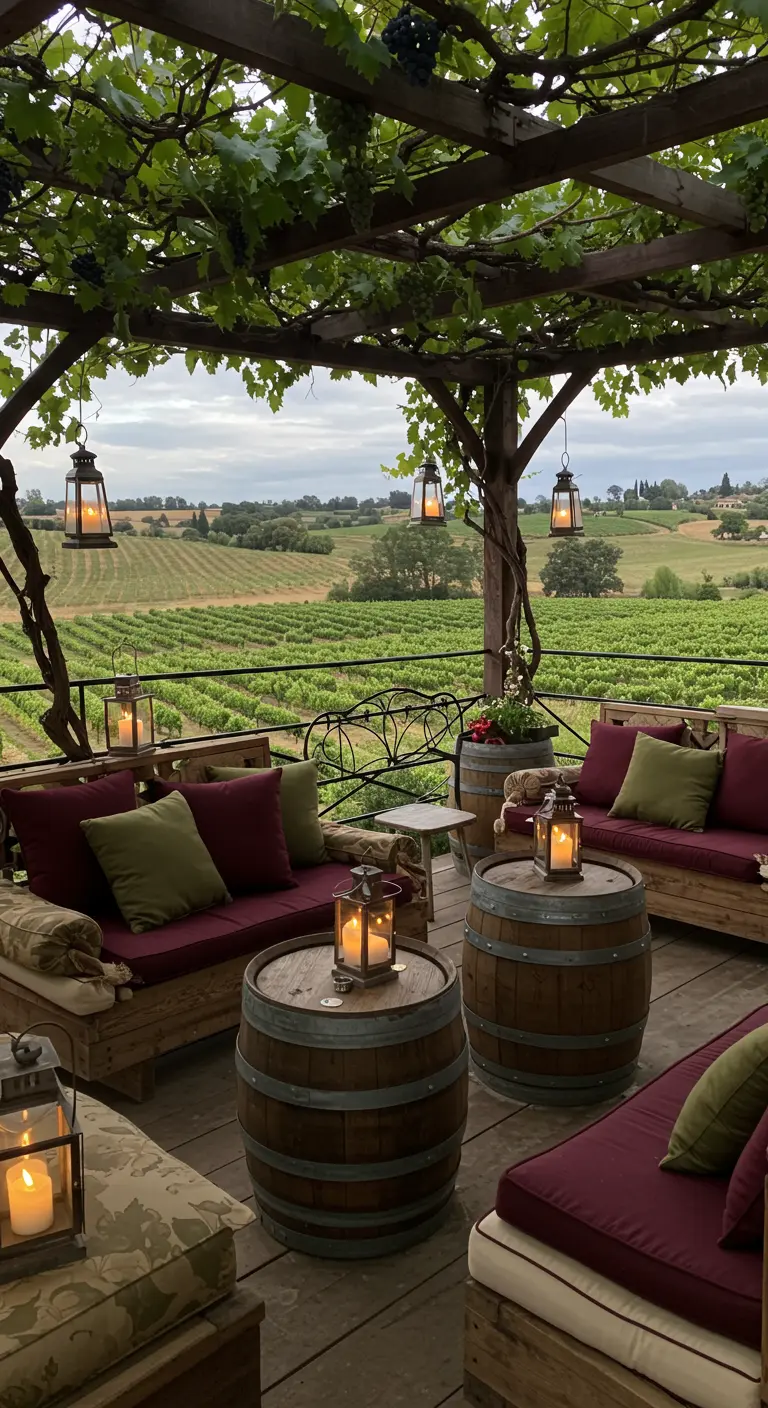 Terraza con vistas a un viñedo, con sofás y barriles de vino como mesas.