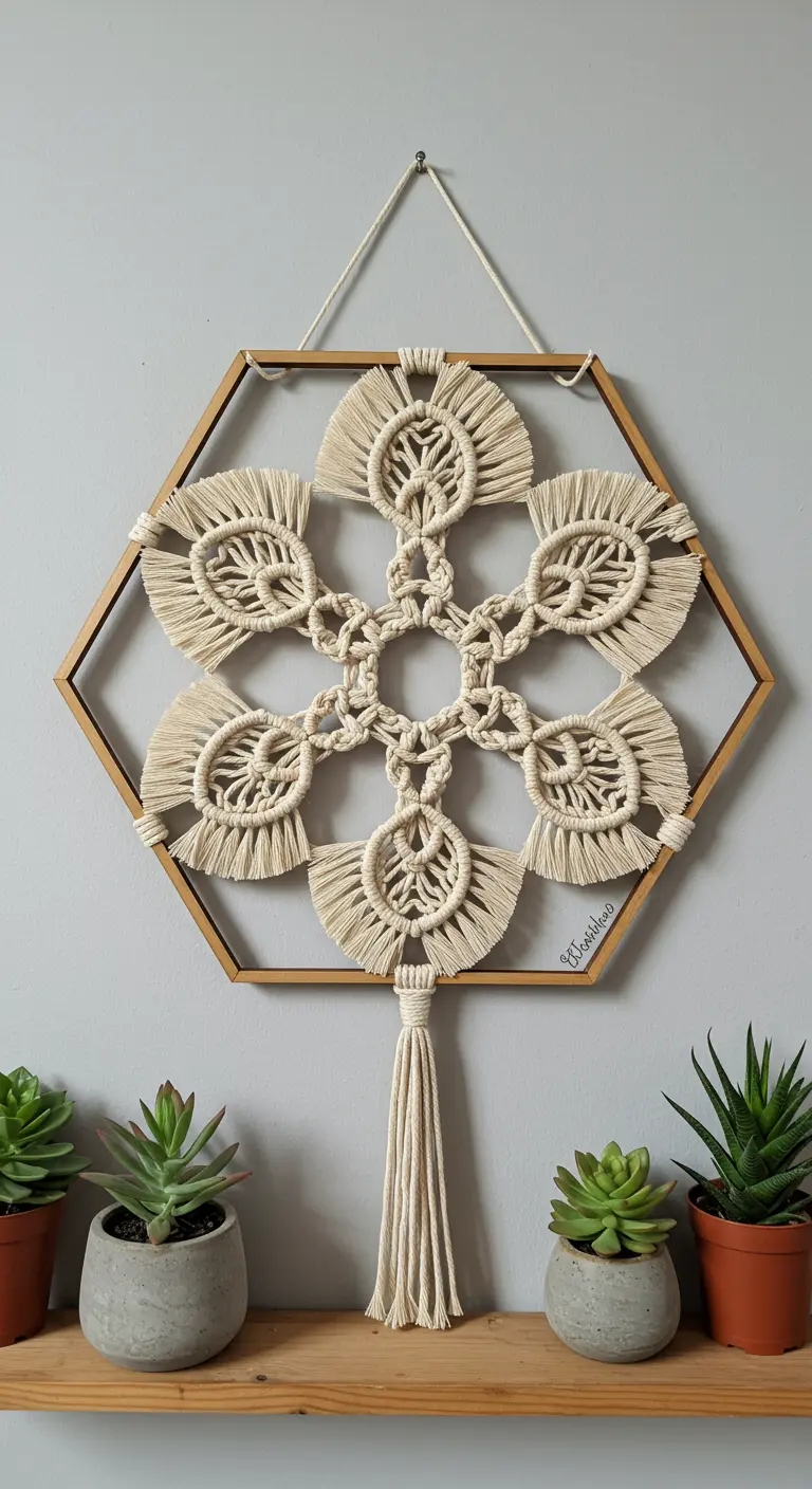 Tapiz de macramé en color crudo con forma de flor o copo de nieve, dentro de un marco hexagonal.