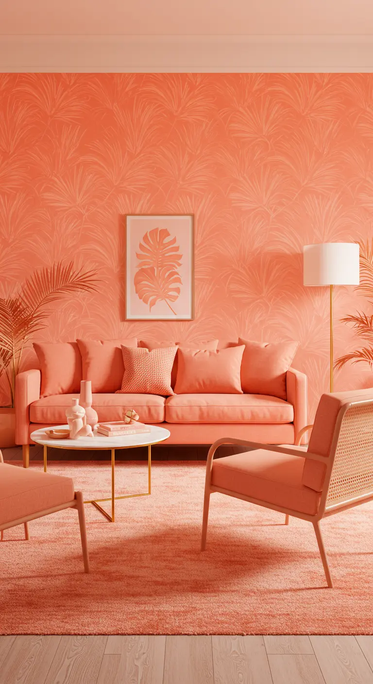 Sala de estar monocromática en color coral con papel pintado de palmeras y muebles de rejilla.