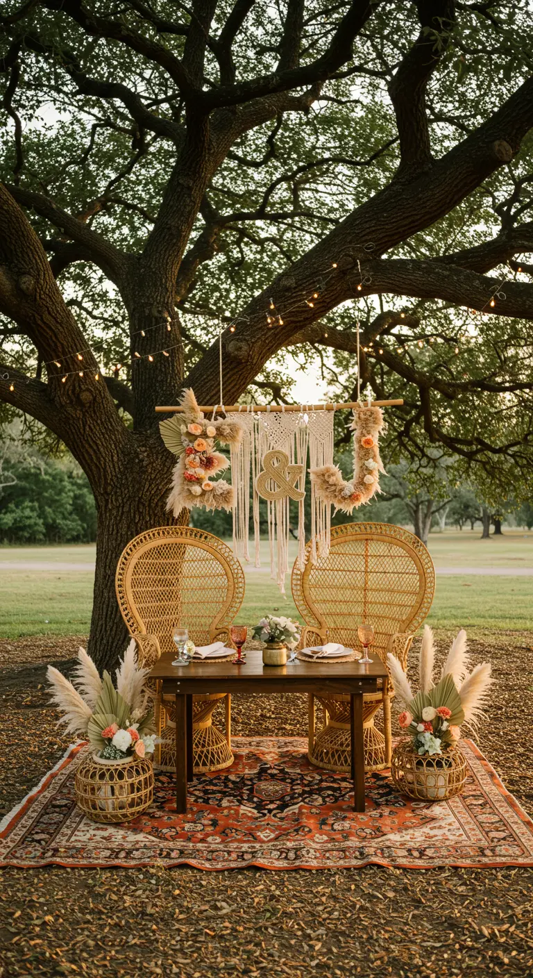 Iniciales 'J & ' de estilo boho colgando de un árbol, con macramé y flores secas.
