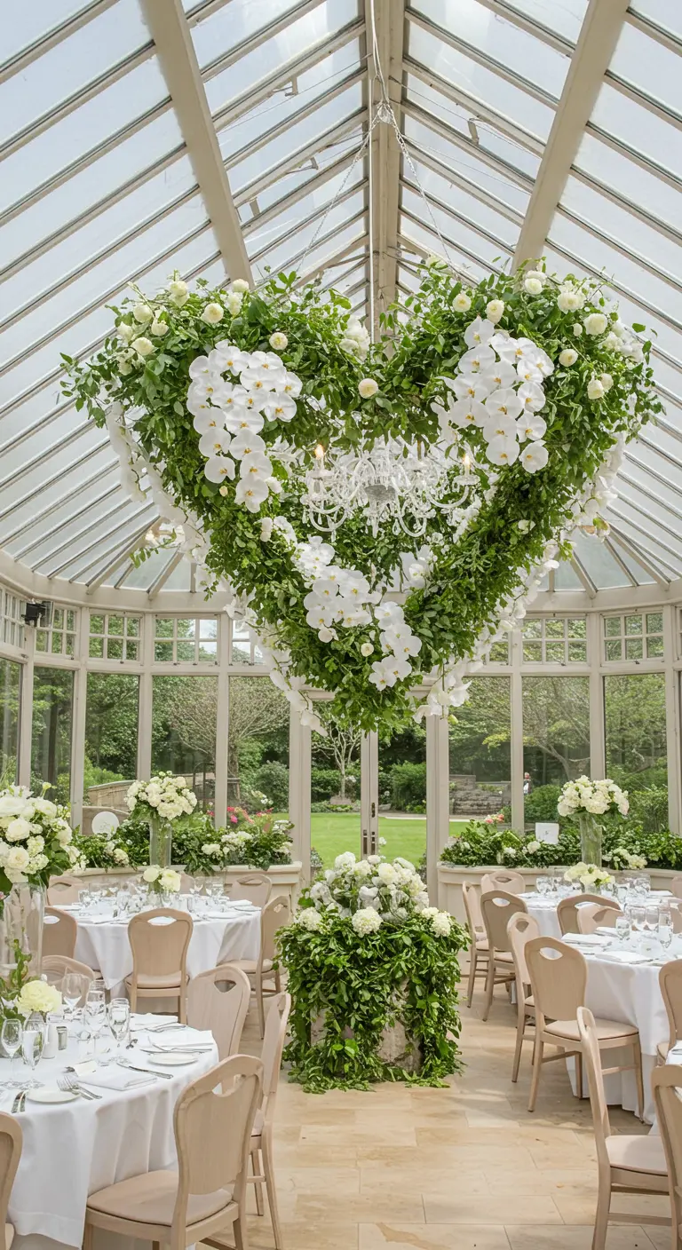 Gran corazón colgante hecho de follaje verde y orquídeas blancas en un invernadero.