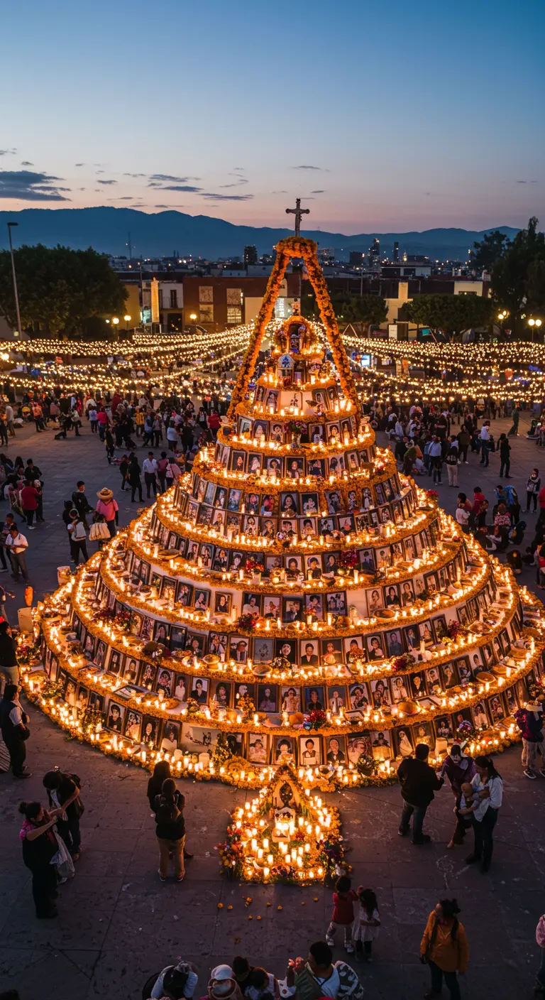 Enorme altar de muertos circular y comunitario en una plaza, iluminado por velas y lleno de retratos.