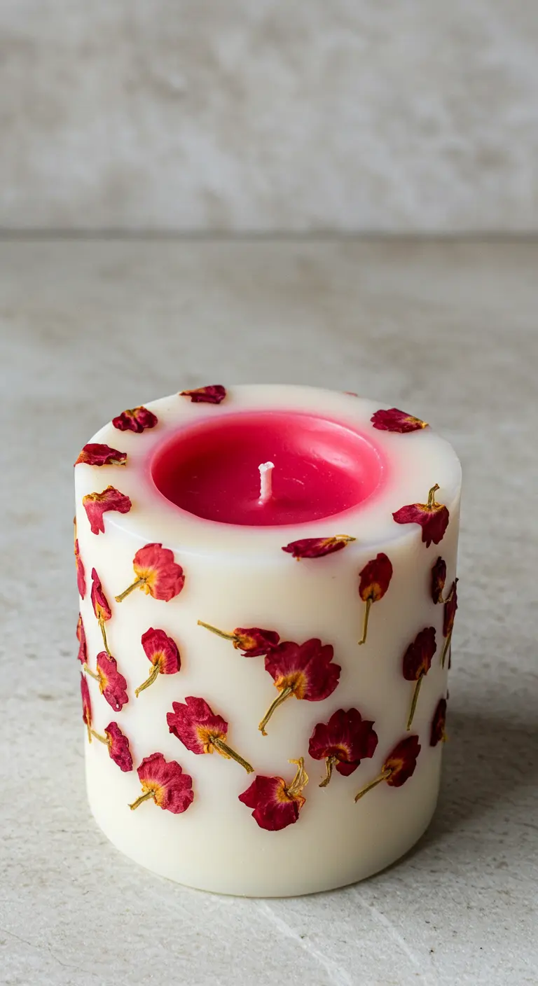 Vela de pilar con interior rojo y exterior blanco con flores.