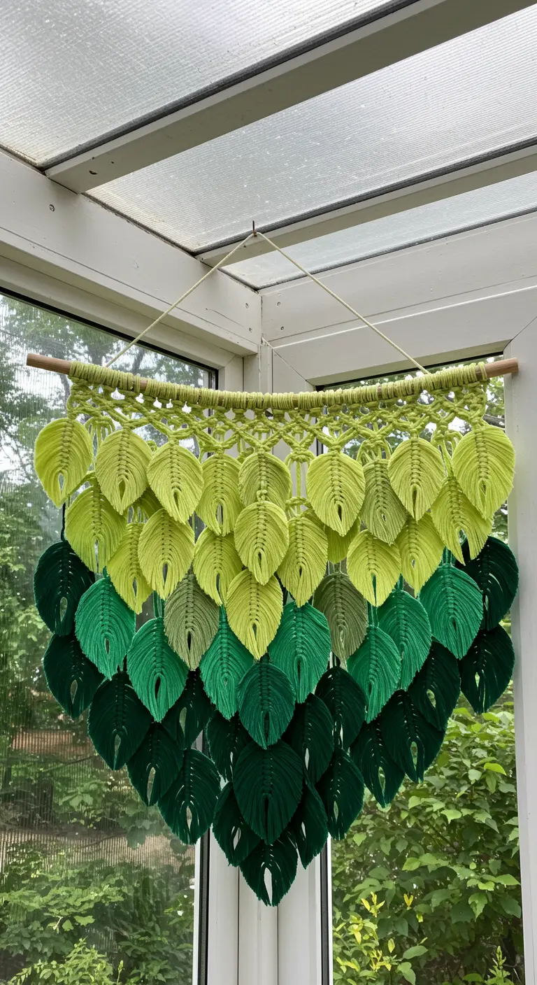Gran tapiz de macramé con forma de corazón hecho con hojas en degradado de verdes