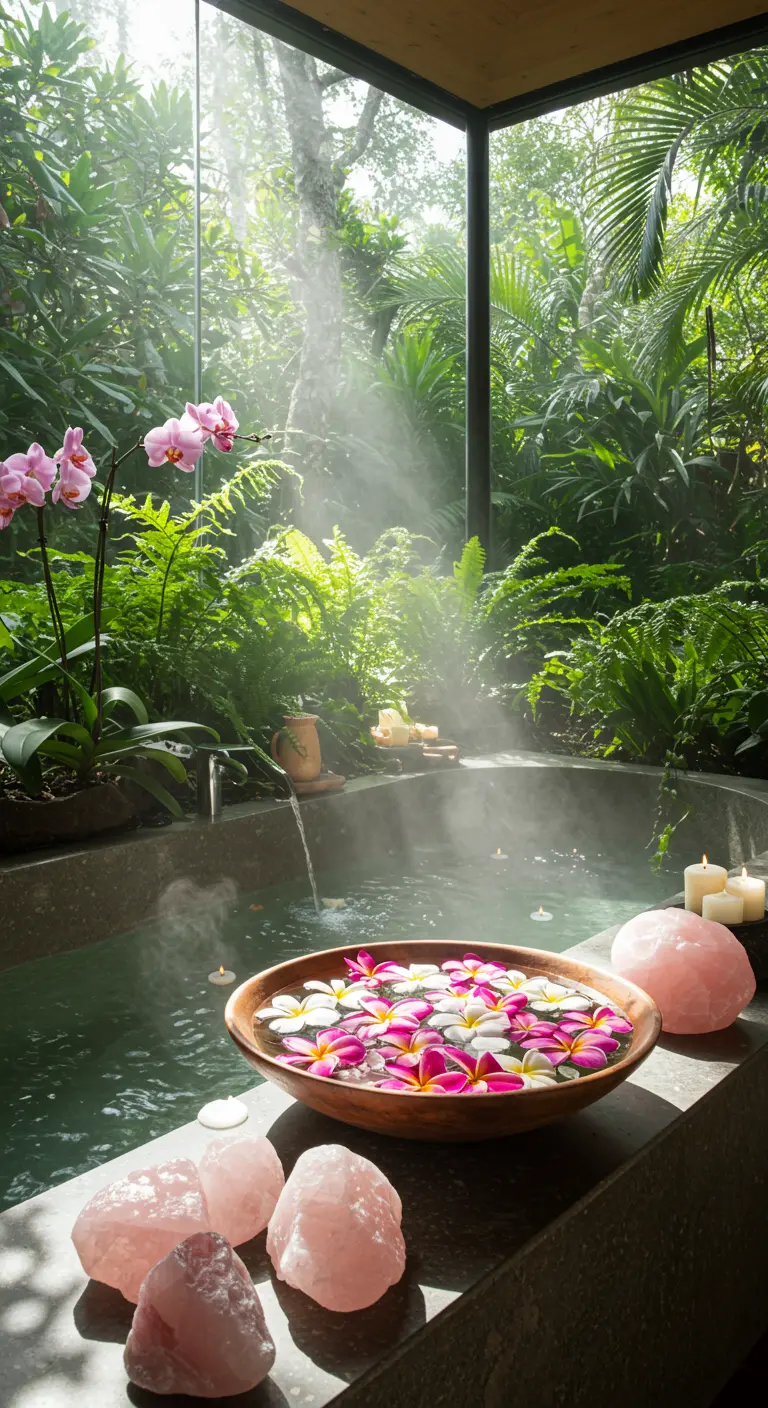 Baño tropical rodeado de plantas con flores flotantes y grandes cristales de cuarzo rosa.