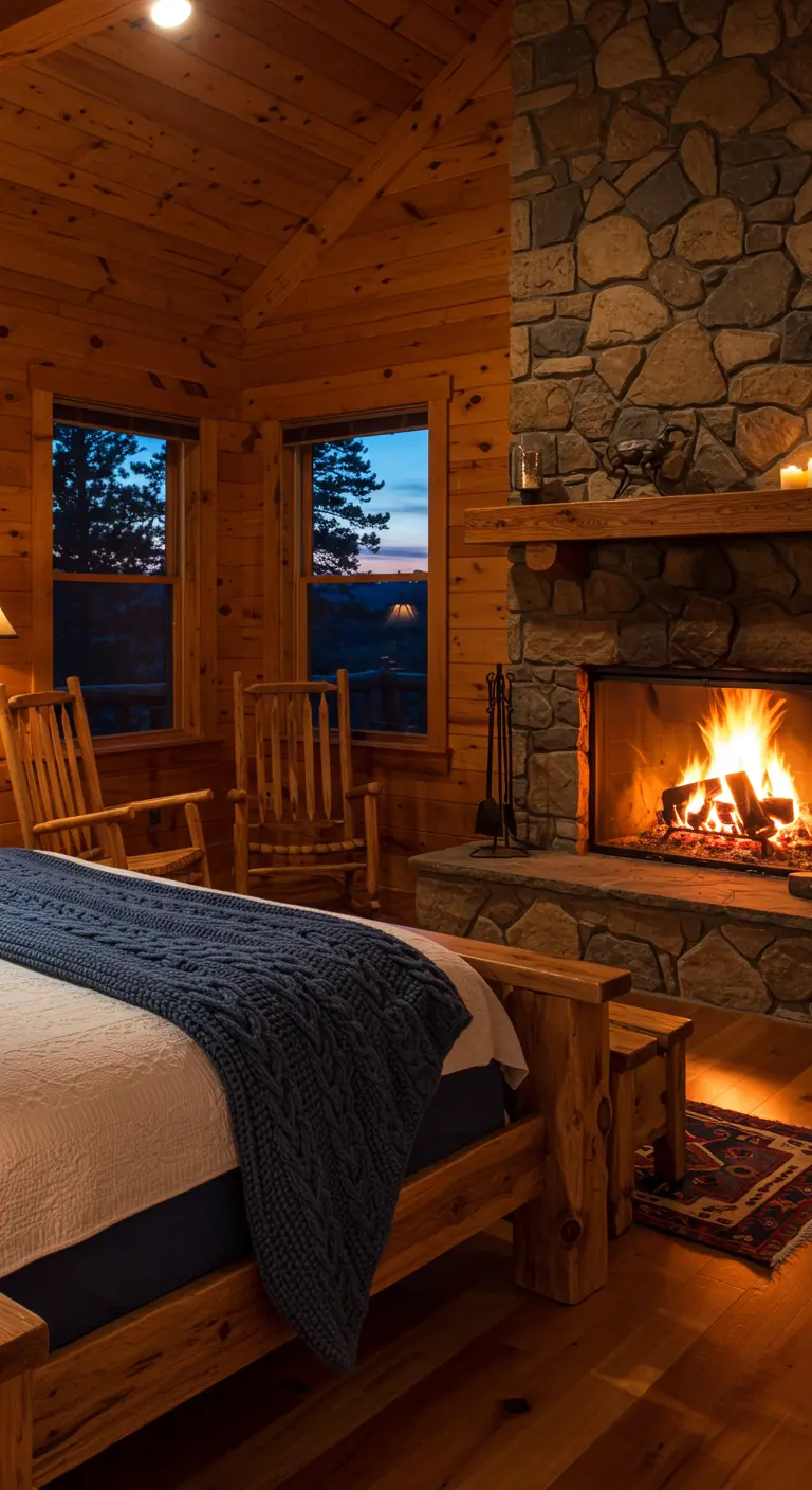 Dormitorio de cabaña con gran chimenea de piedra, cama de madera y mecedoras.