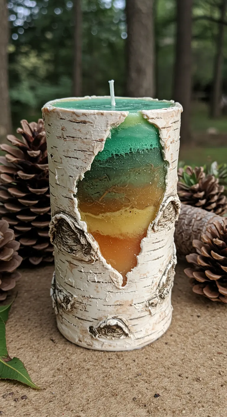Vela de capas en tonos verdes y naranjas, envuelta en corteza de abedul real.