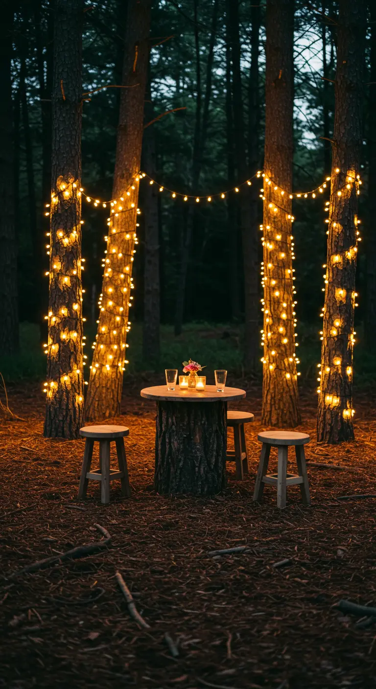 Escena nocturna en un bosque con árboles envueltos en luces y una mesa rústica de tronco.