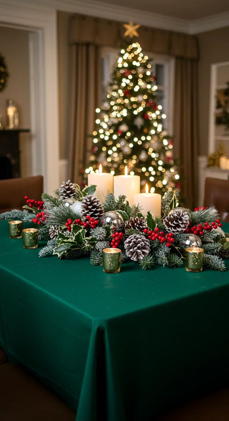 Centro de mesa navideño con velas, piñas nevadas y acebo sobre un mantel verde.
