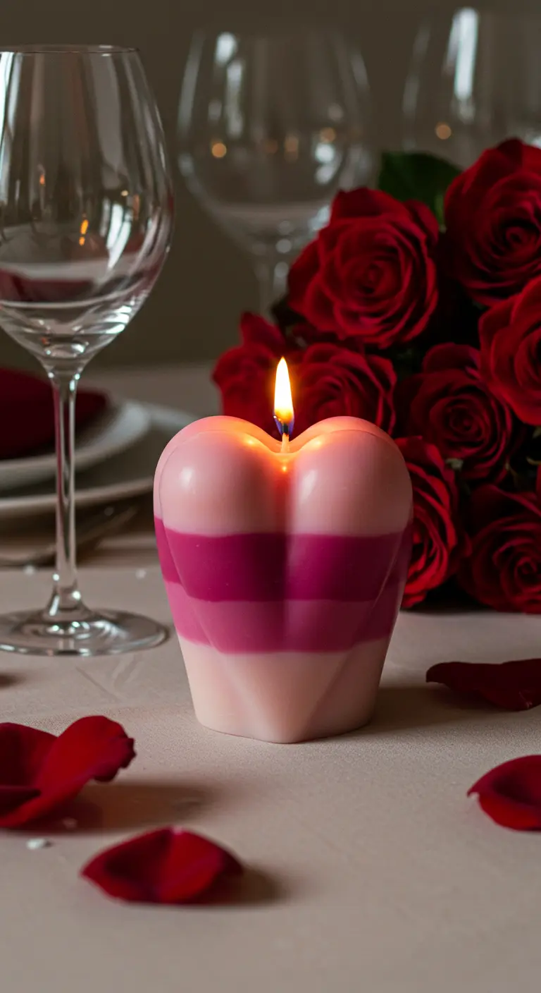 Vela en forma de corazón con capas horizontales en distintos tonos de rosa.