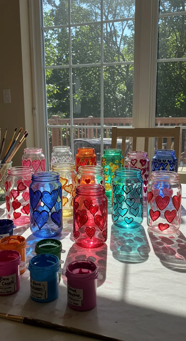 Frascos de vidrio pintados a mano con corazones de múltiples colores vibrantes.