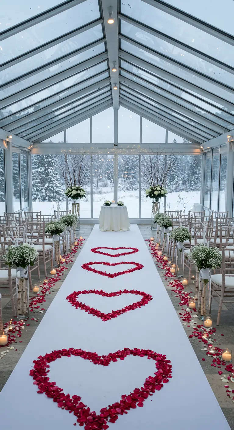 Pasillo blanco en un invernadero con corazones hechos de pétalos rojos.