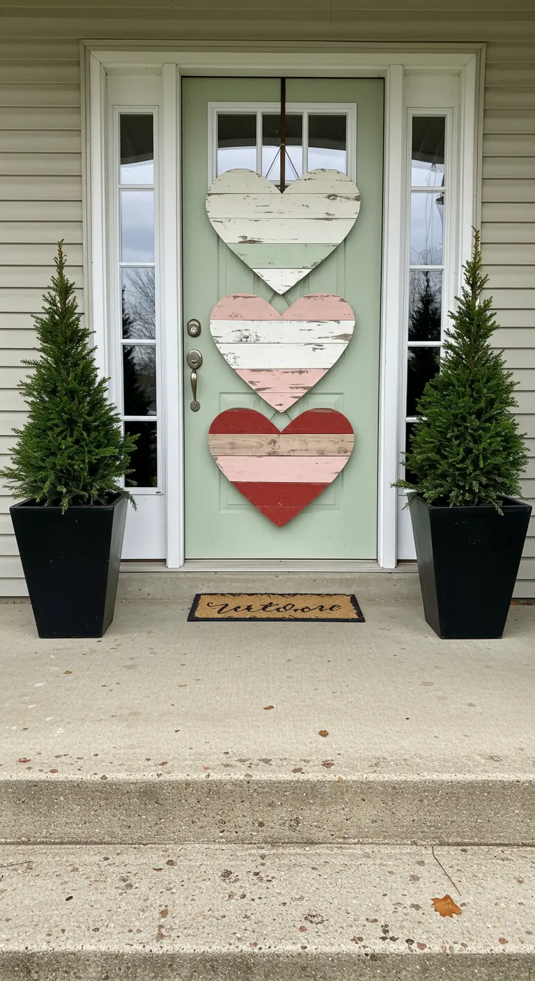 Tres corazones grandes de madera de palet reciclada y pintada en tonos rosas, colgados en una puerta.