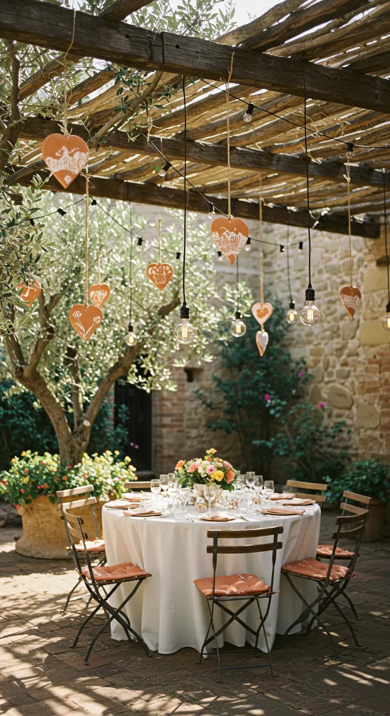 Mesa de boda al aire libre bajo una pérgola con corazones de terracota y luces colgando.