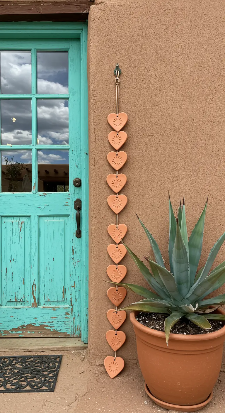 Guirnalda vertical de corazones de terracota estampados, colgada en una pared de adobe junto a una puerta turquesa.