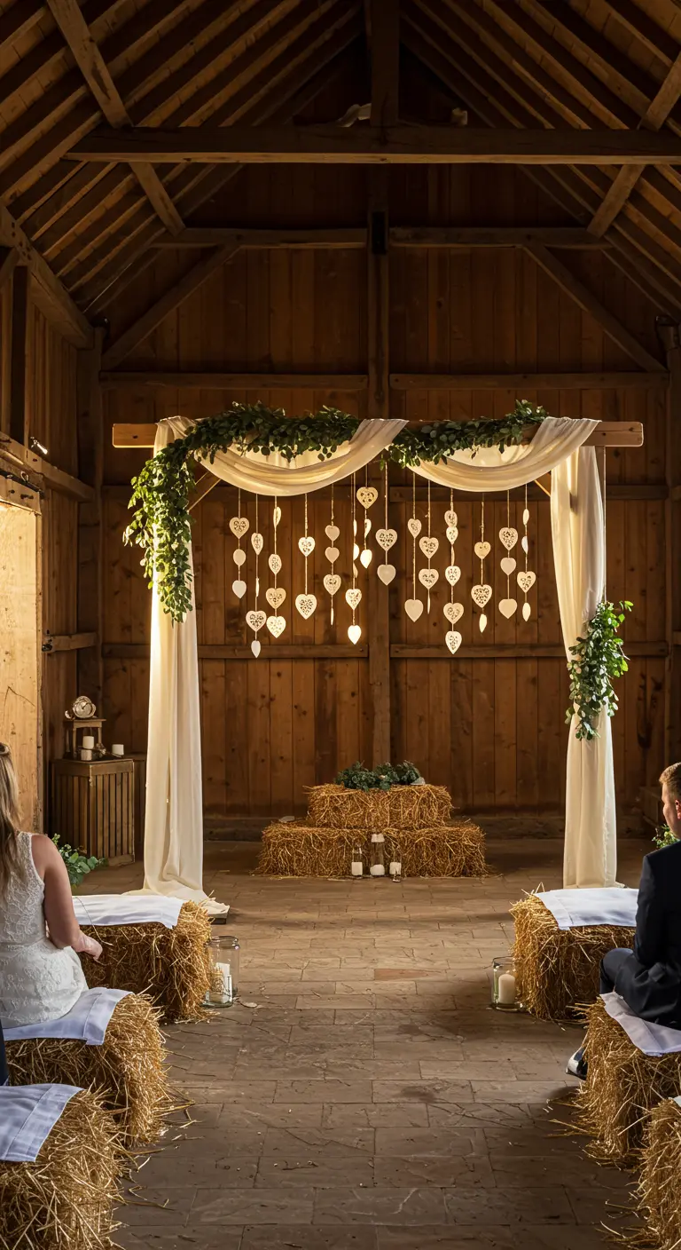 Altar de boda rústico en un granero con corazones de madera colgando.