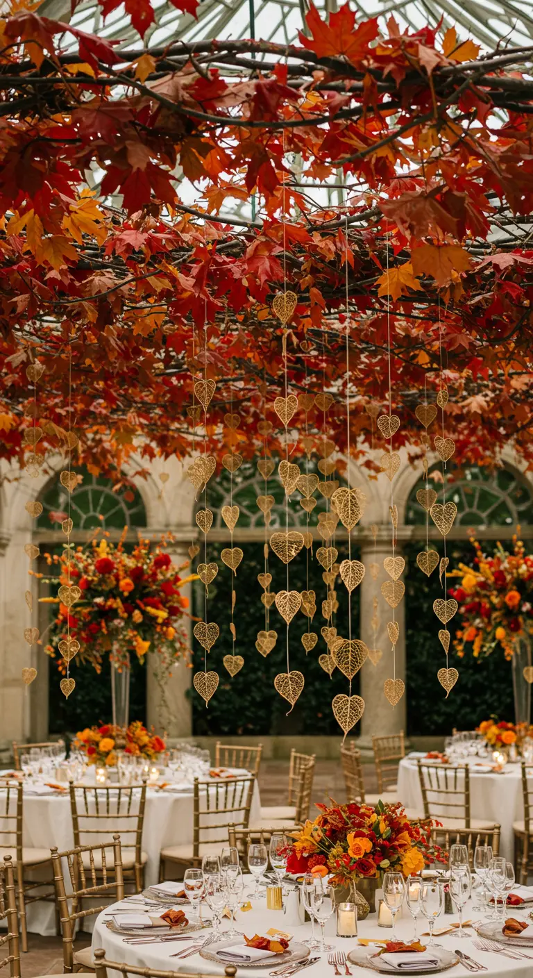 Recepción de boda otoñal con corazones dorados de filigrana colgando entre hojas rojas.