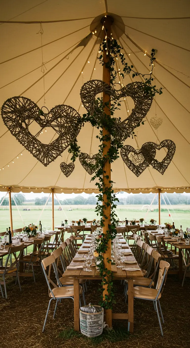 Interior de una carpa de bodas decorada con grandes corazones de mimbre y luces.