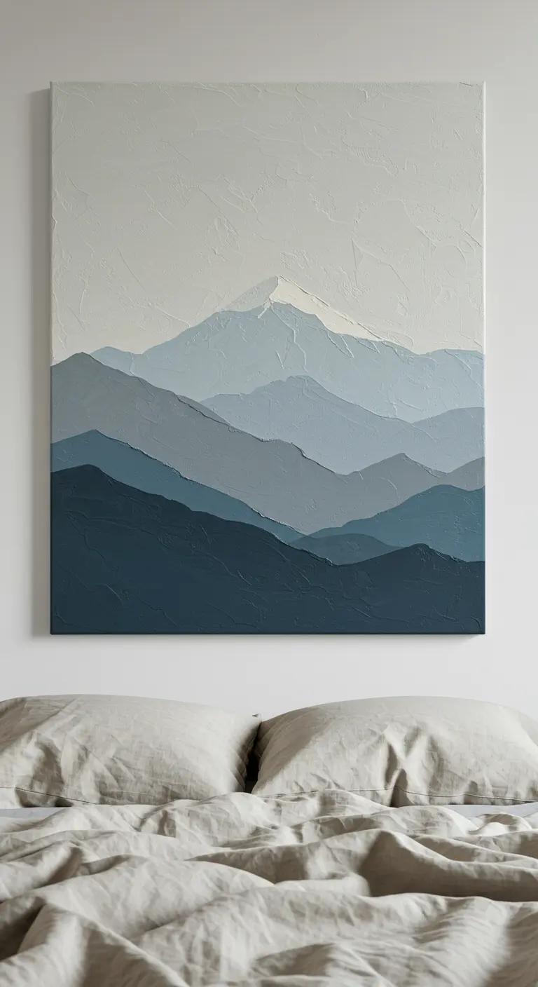 Pintura en relieve de una cordillera en tonos azules degradados