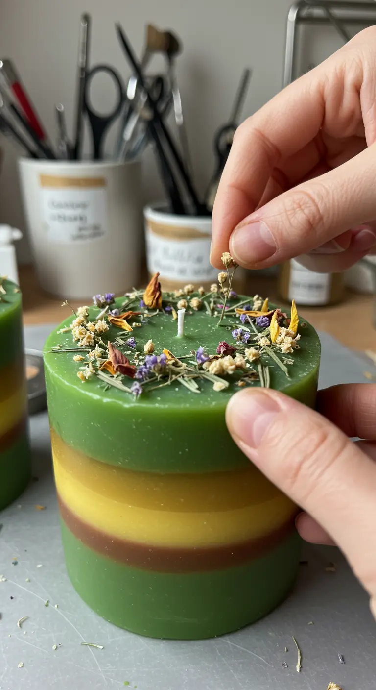 Manos colocando flores secas sobre la superficie de una vela de capas verdes y amarillas.