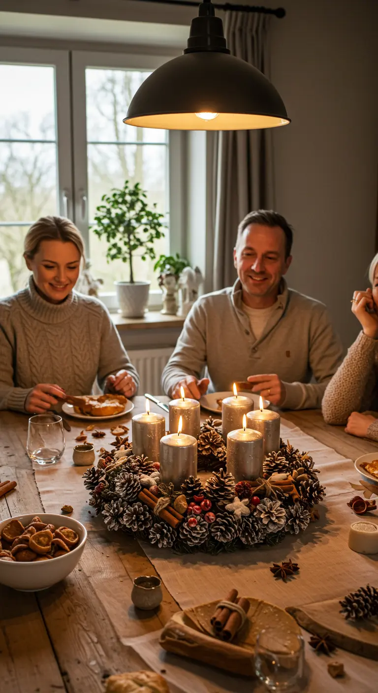 Centro de mesa en forma de corona de Adviento con piñas, canela y velas plateadas.