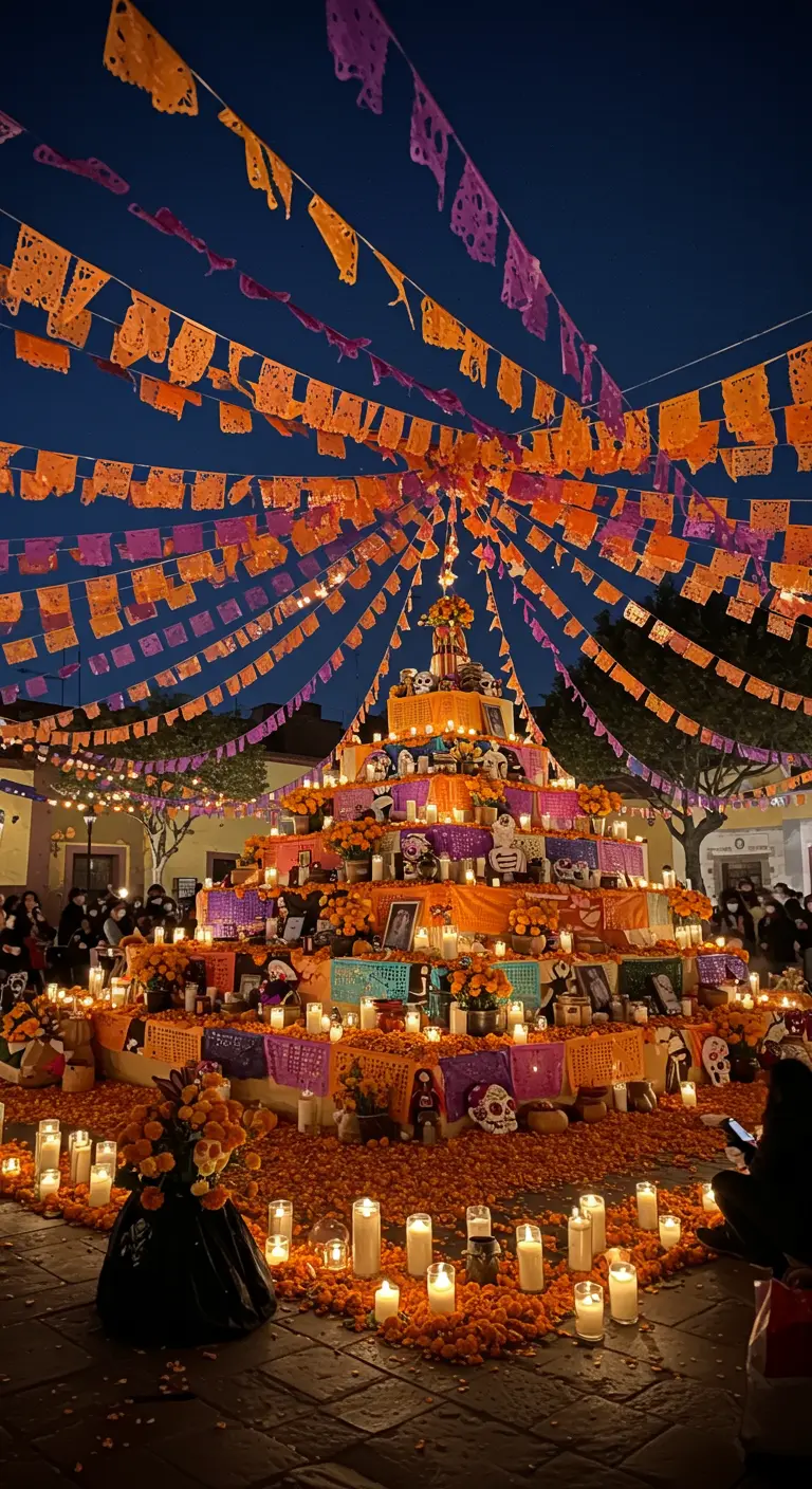 Altar de Día de los Muertos bajo un dosel de papel picado naranja y morado.