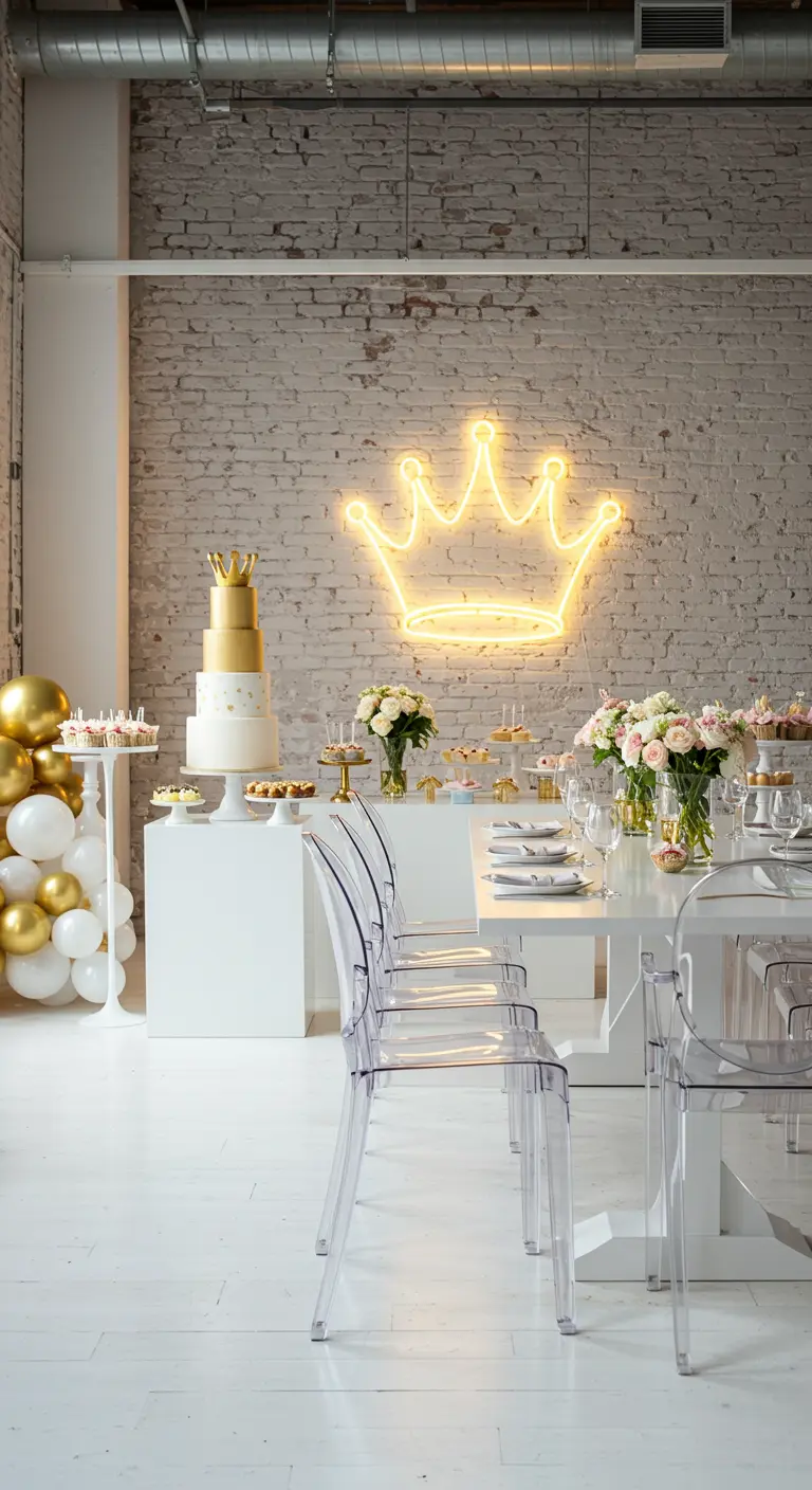 Mesa de fiesta blanca con un letrero de neón de corona en una pared de ladrillo.