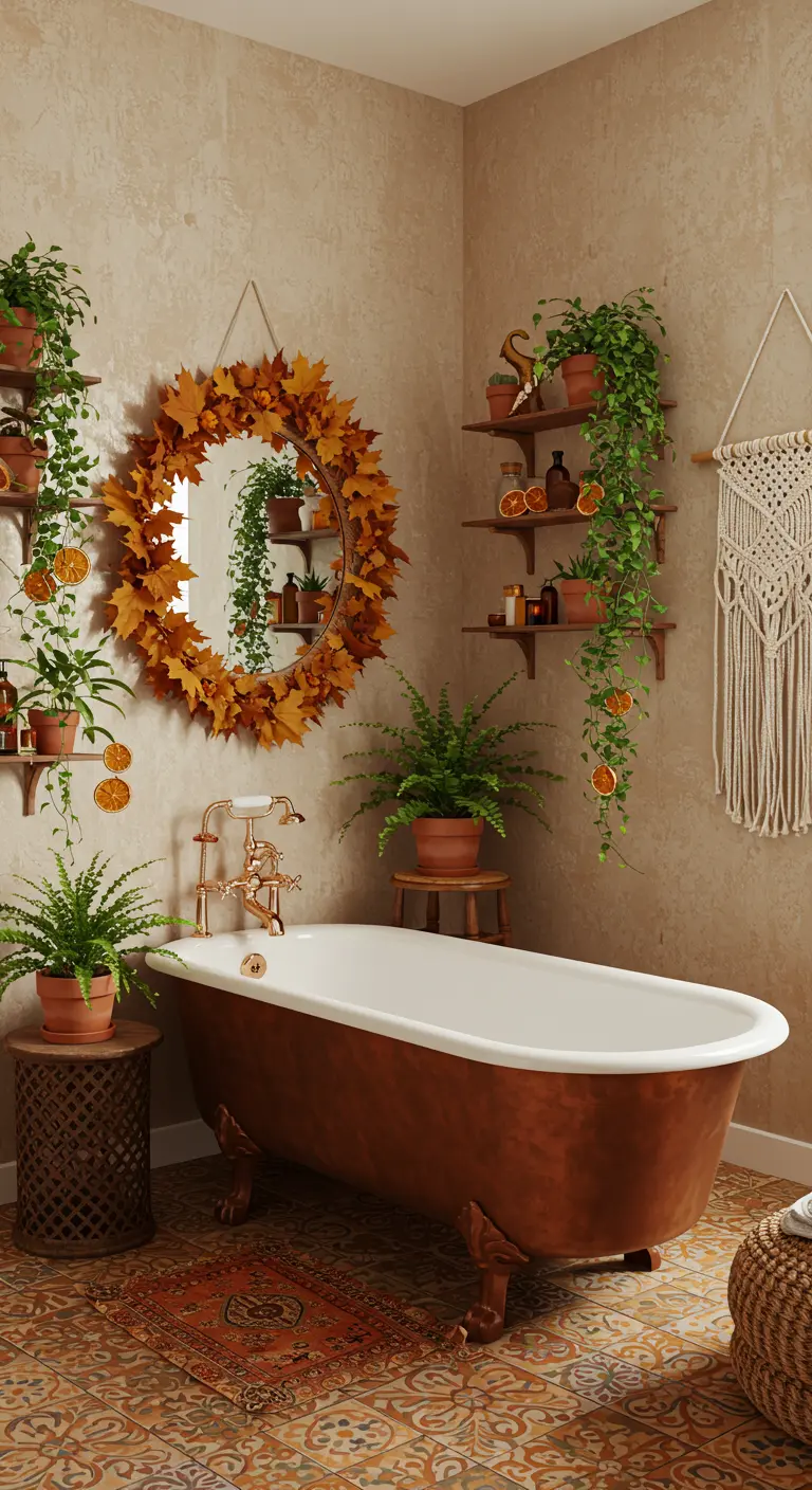 Baño bohemio con bañera de cobre, plantas y una corona de hojas otoñales en el espejo.
