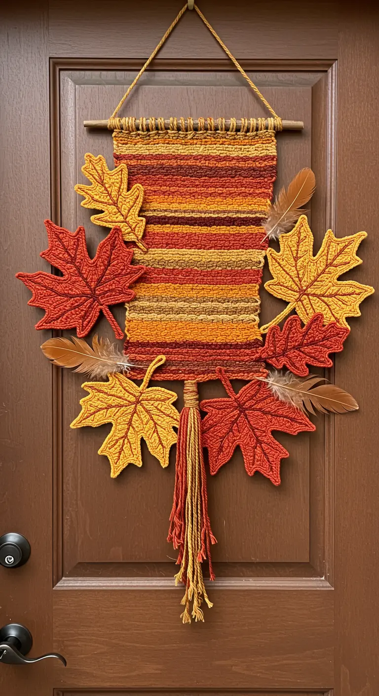 Decoración colgante para puerta con tejido y hojas de macramé en tonos otoñales