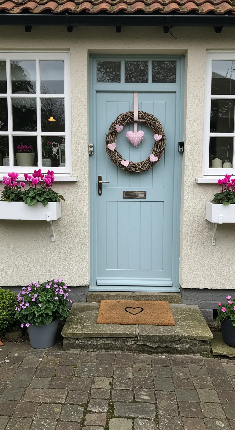 Puerta azul claro con una corona de ramas naturales adornada con pequeños corazones de tela rosa.
