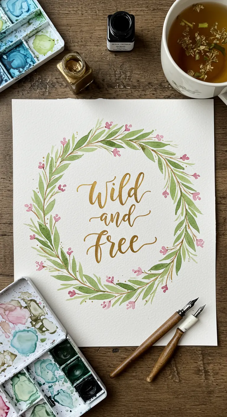Acuarela de una corona de flores con la frase 'Wild and Free' en caligrafía dorada en el centro.