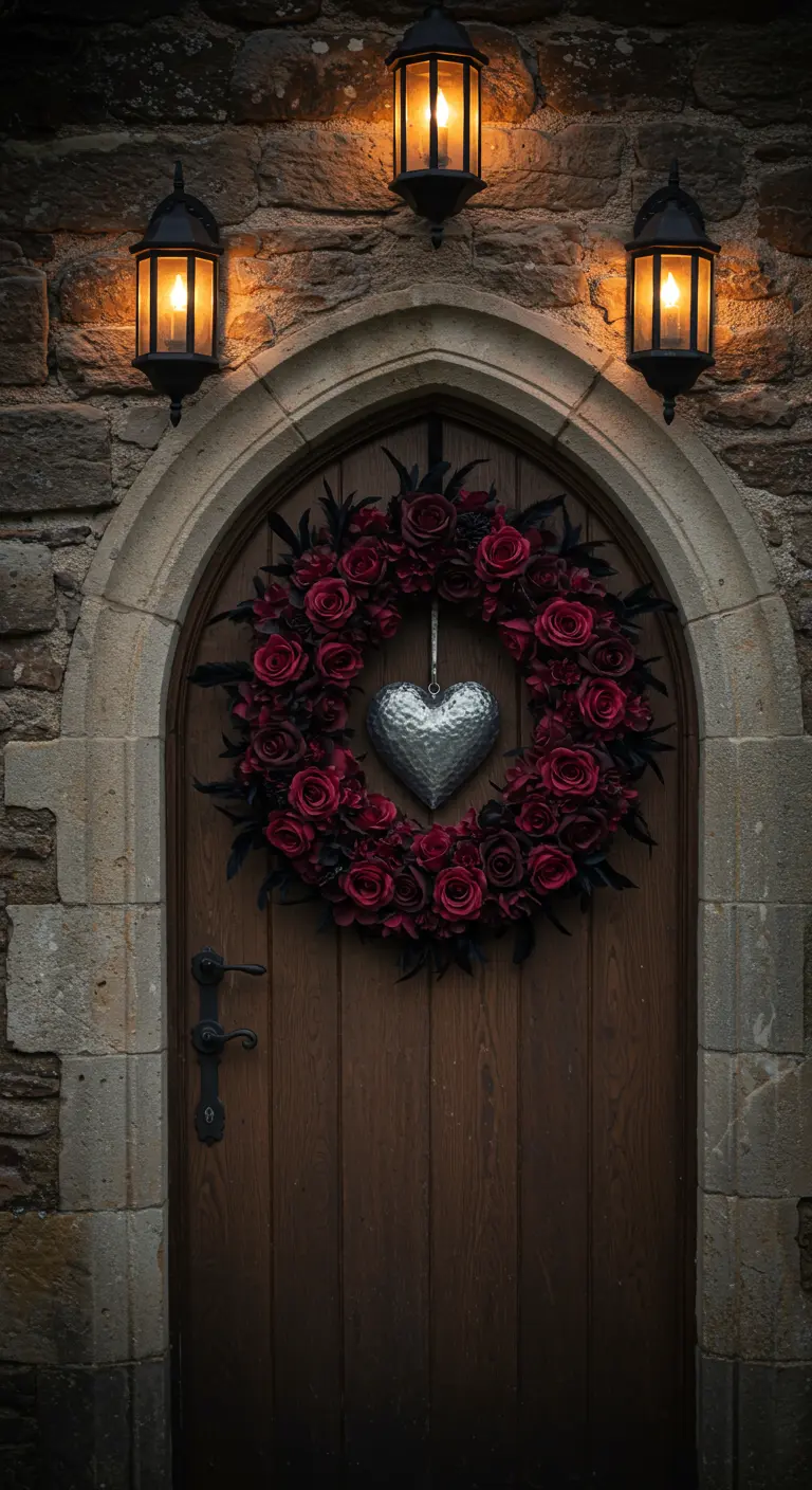 Corona de rosas rojas oscuras con un corazón de metal plateado en el centro, sobre una puerta de madera rústica.