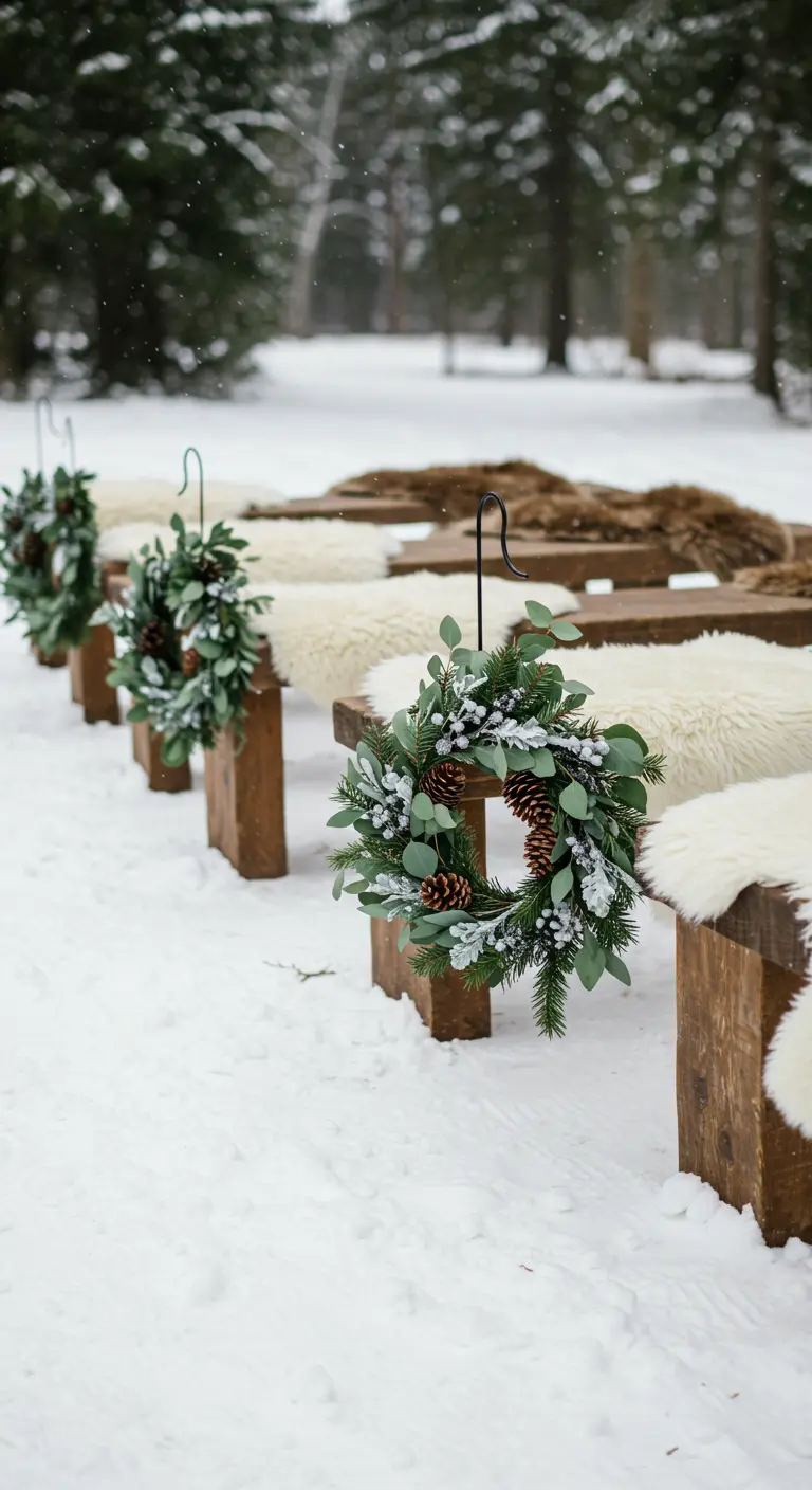 Bancos de madera en la nieve con mantas de piel y coronas de eucalipto y pino colgando.