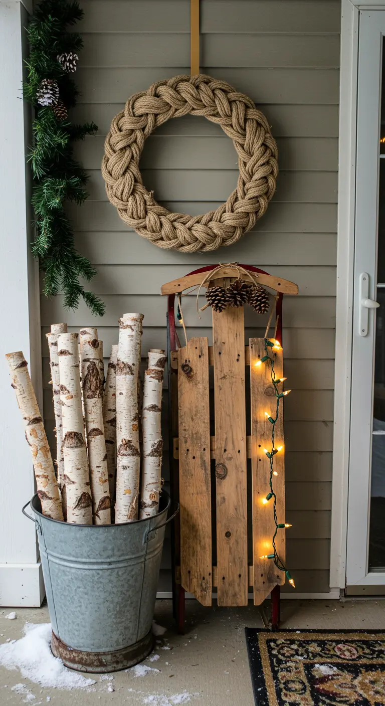 Decoración de invierno en un porche con una gran corona hecha de cuerda trenzada y un trineo de madera.