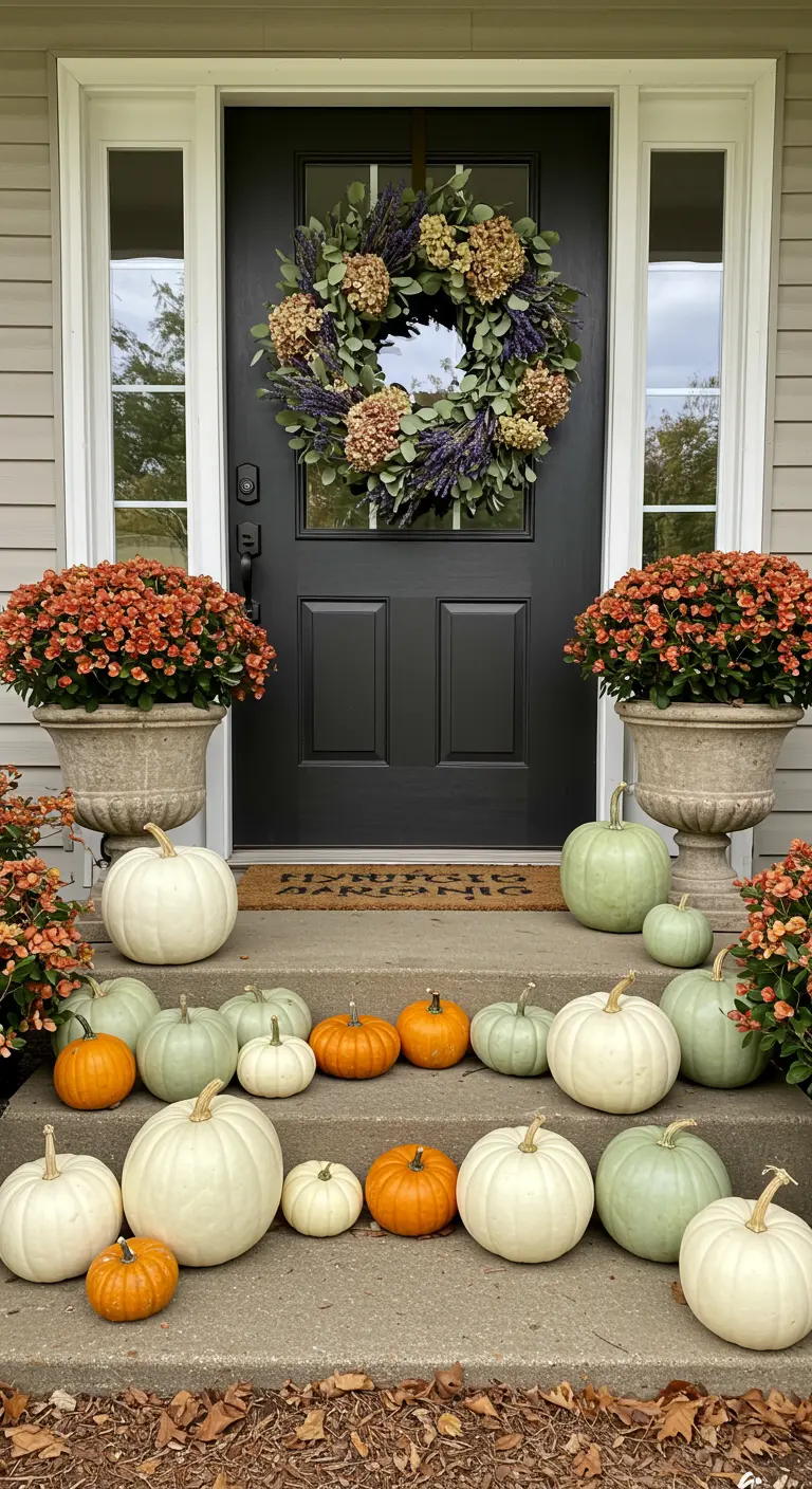 Corona de flores secas en una puerta negra, con hortensias y lavanda para un look otoñal.