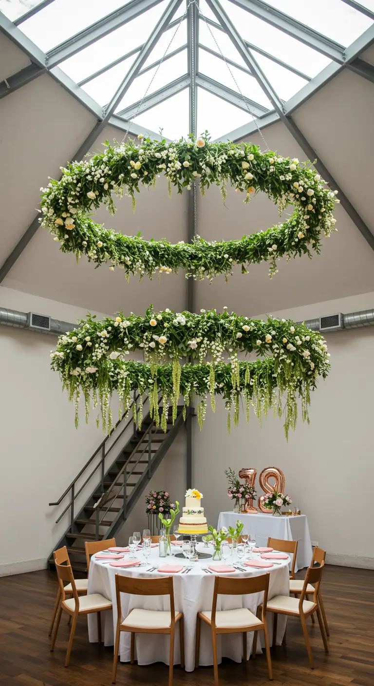 Dos grandes coronas de flores blancas y verdes suspendidas sobre una mesa de comedor.