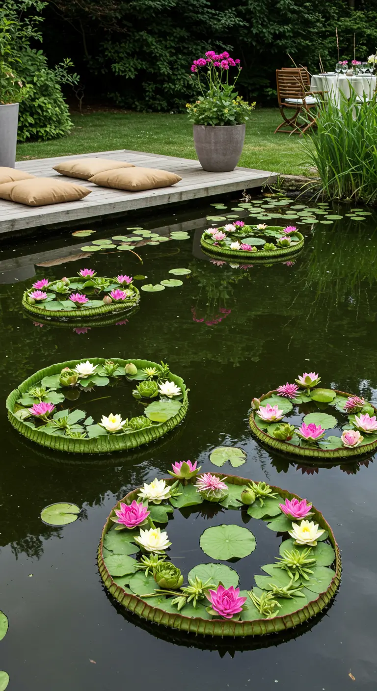 Estanque con varias coronas flotantes hechas de nenúfares y flores de loto.