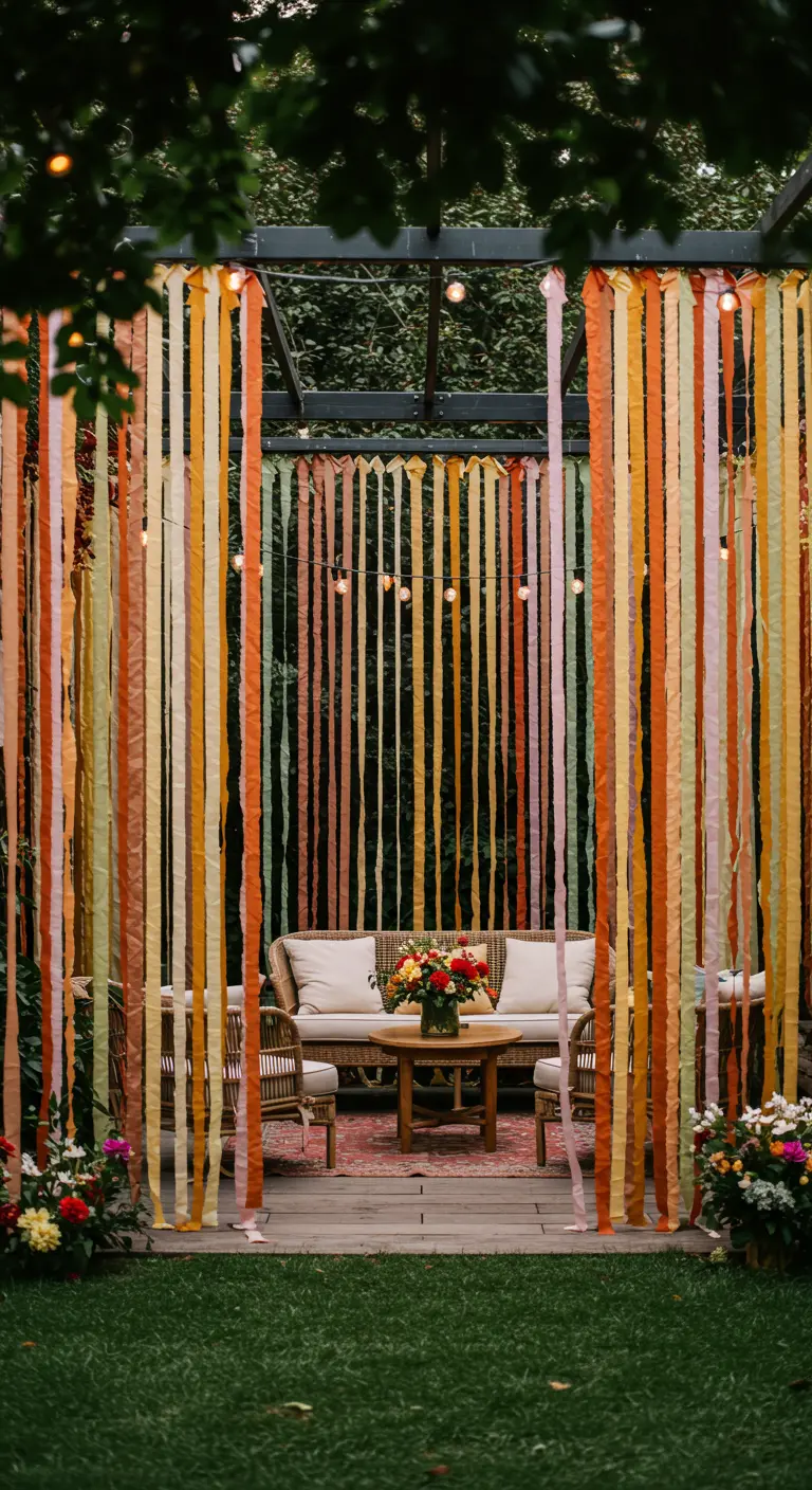 Entrada a una zona de descanso enmarcada por una cortina de cintas de papel y tela en tonos tierra.