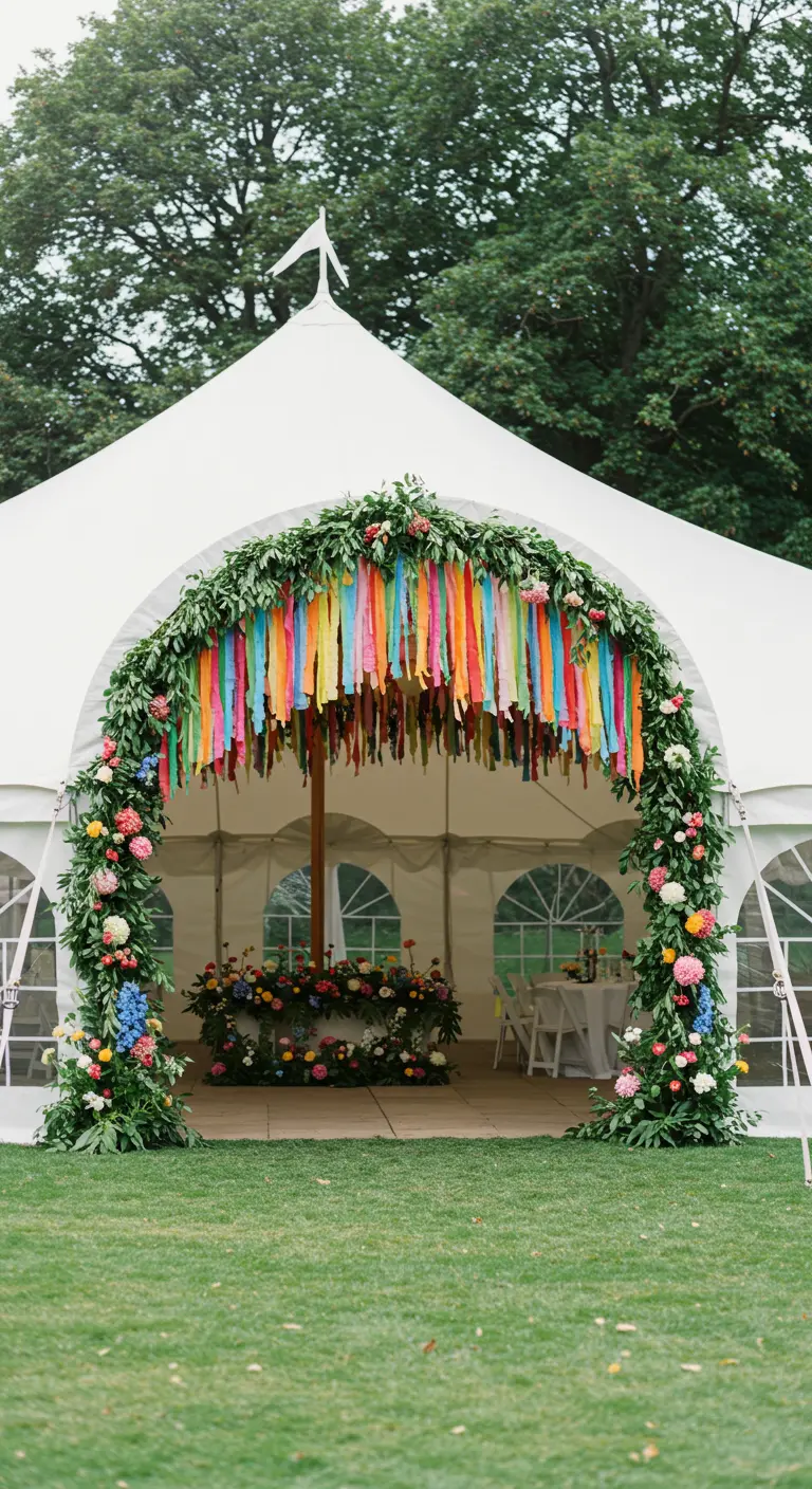 Arco de entrada a una carpa de bodas decorado con vegetación y una cortina de cintas de colores.