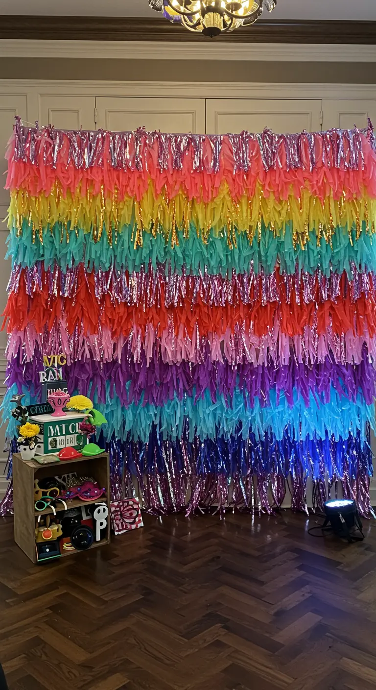 Fondo para fotos hecho con capas de flecos de papel de seda de colores y tiras metálicas brillantes.